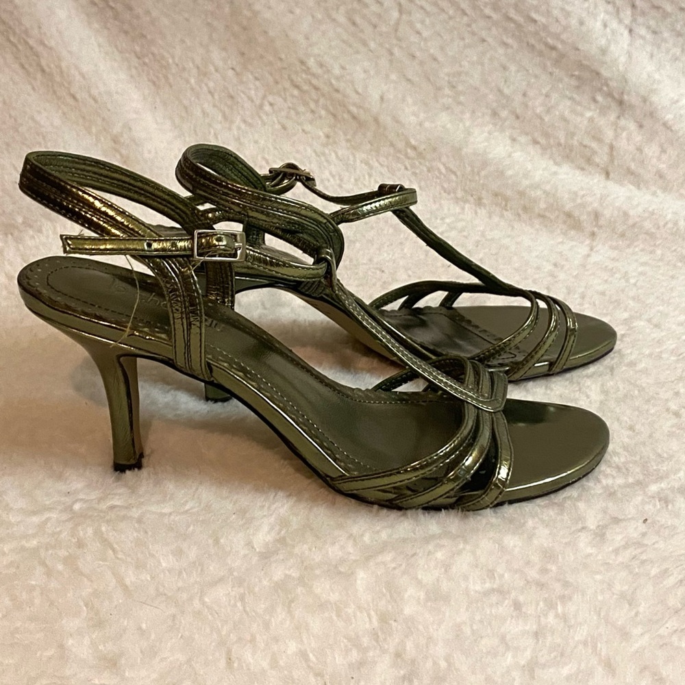 Metallic Olive Green T-strap High Heel Sandals
